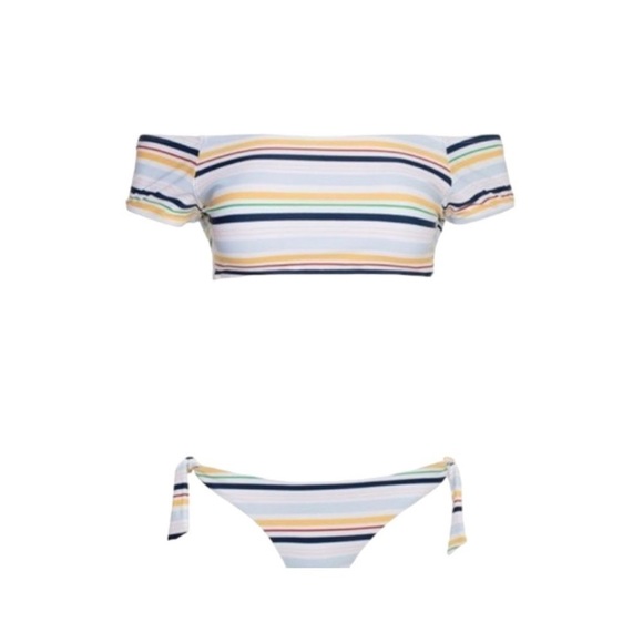 Cabana del  Sol Tie-Back Bikini Top Short Sleeve On/Off Shoulder Striped Size L - Picture 9 of 9